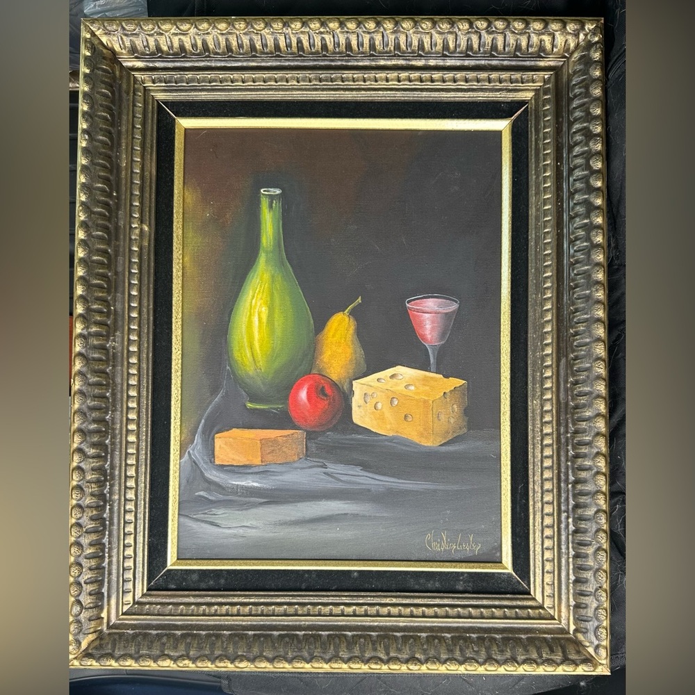 Framed Still Life Art with Green, Red, and Yellow Accents